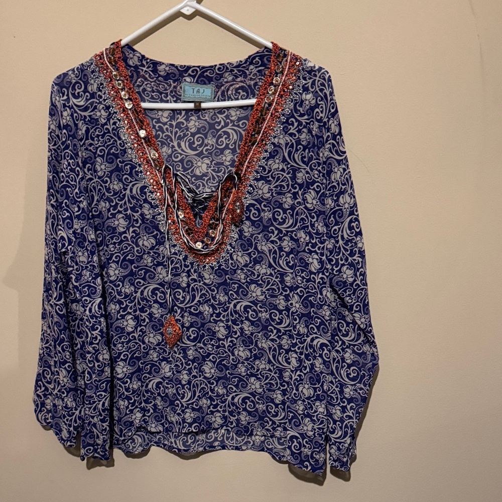 TAJ by Sabrina Crippa Blue and Red Embellished Blouse
